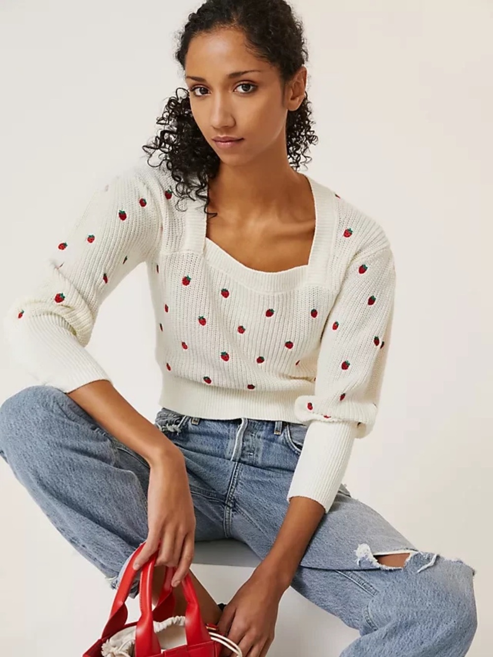 Anthropologie Maeve Strawberry Embroidered Sweater Medium